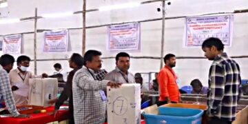Officials counting votes in Telangana municipal elections 2026