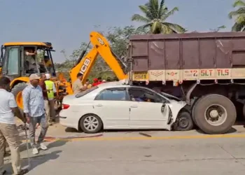 Damaged car after Chittoor road accident near Gangavaram