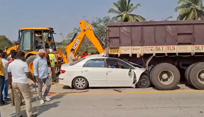 Damaged car after Chittoor road accident near Gangavaram