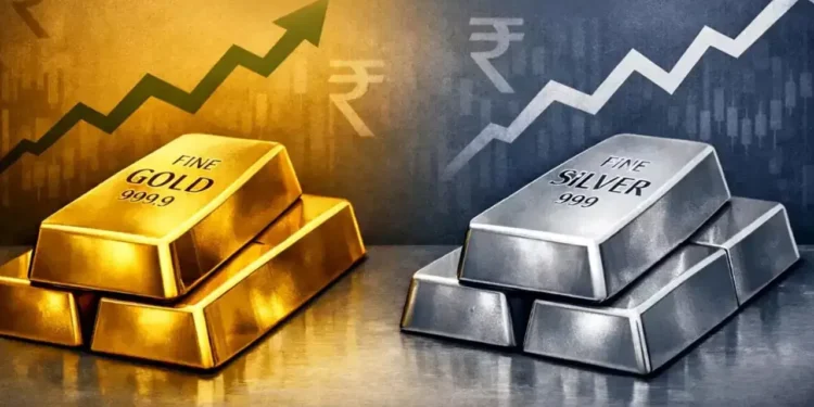 Gold bars and silver coins showing rising India gold prices